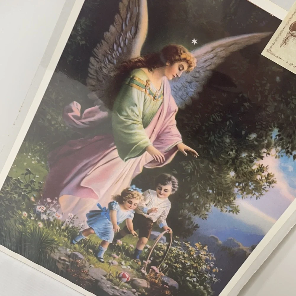 Vintage Picture Victorian Lithograph Guardian Angel Floral Old Print Factory